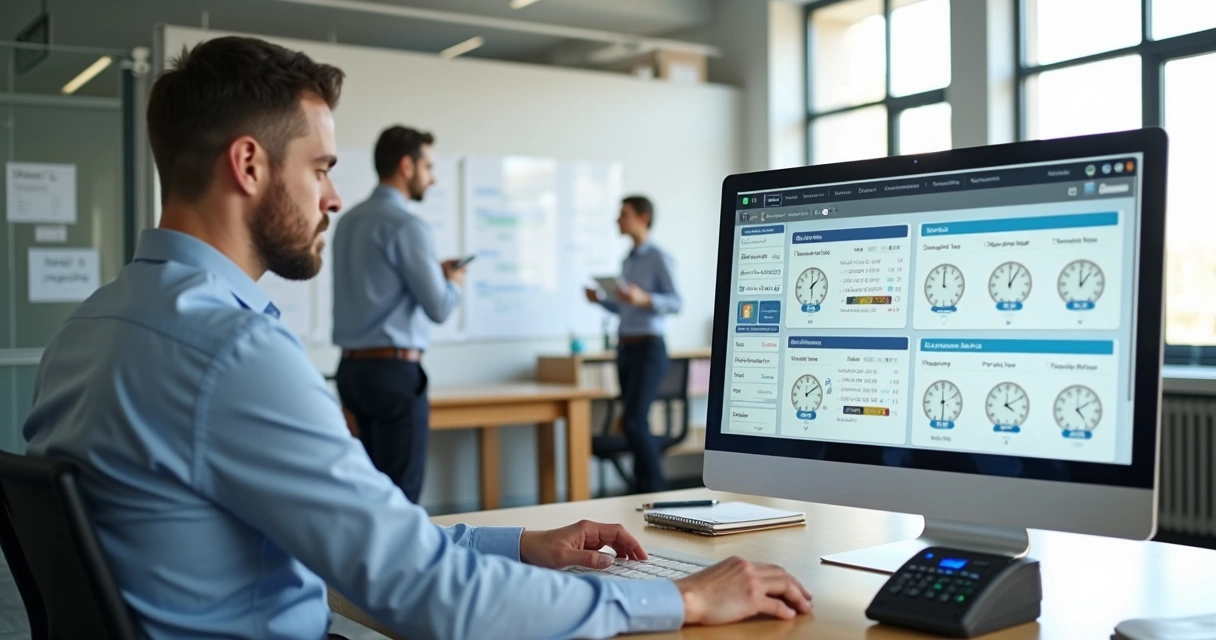 Gestor de pequena empresa analisando sistema de ponto eletrônico no escritório 
