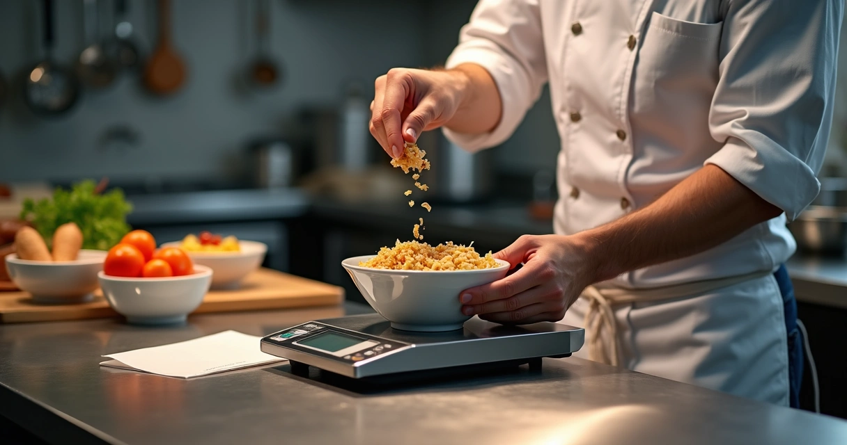 Cozinheiro pesando ingredientes em uma balança na cozinha