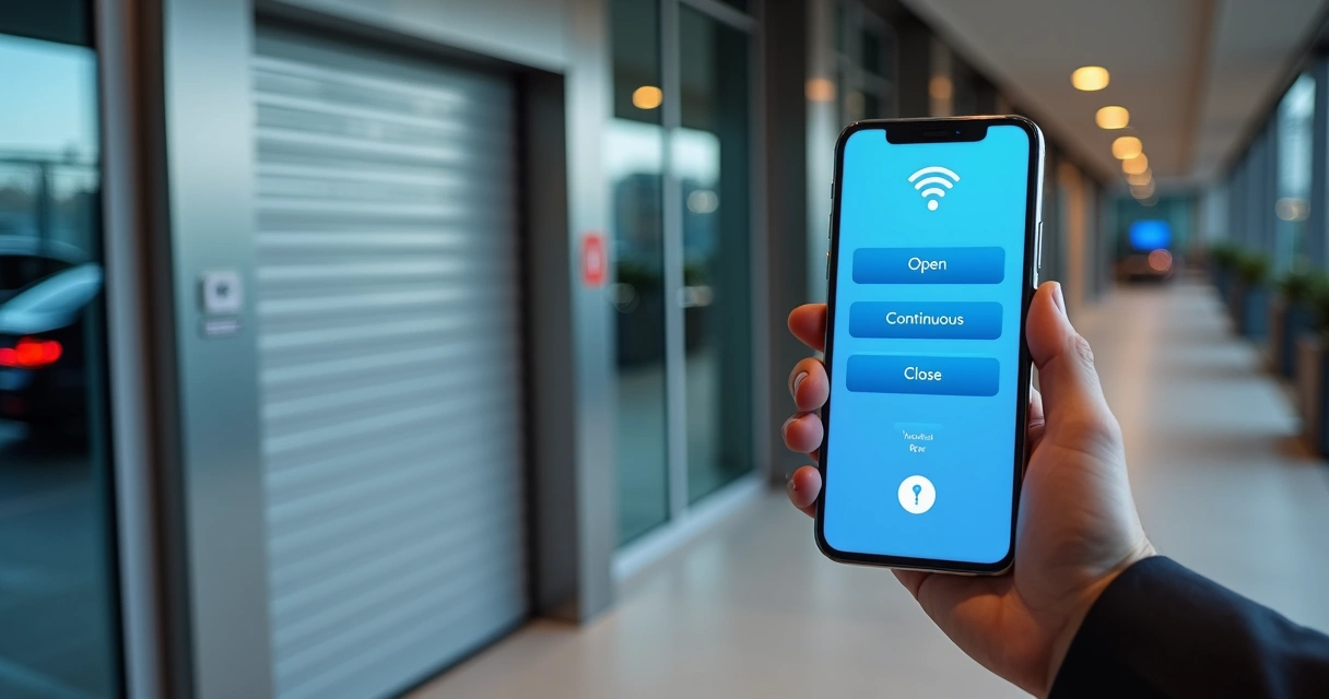 Empresário controla porta automática pelo celular em ambiente corporativo moderno 