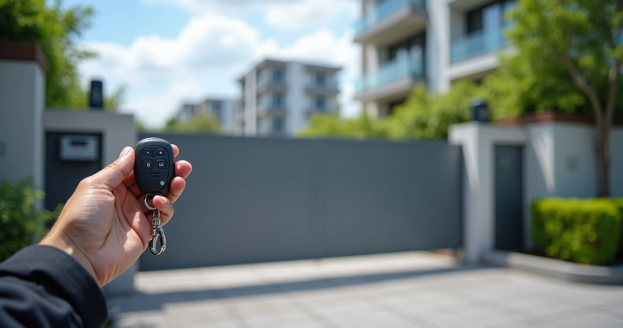 Instalador segurando controle para portão eletrônico diante de portão automático de condomínio 