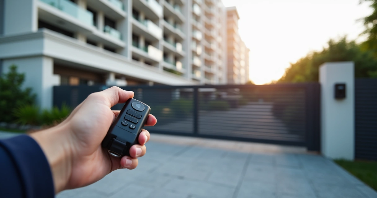 Instalador segurando controle para portão eletrônico em frente a portão de condomínio 