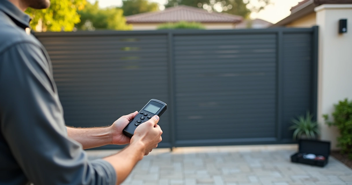 Instalador segurando controle para portão eletrônico em frente a portão automático residencial 