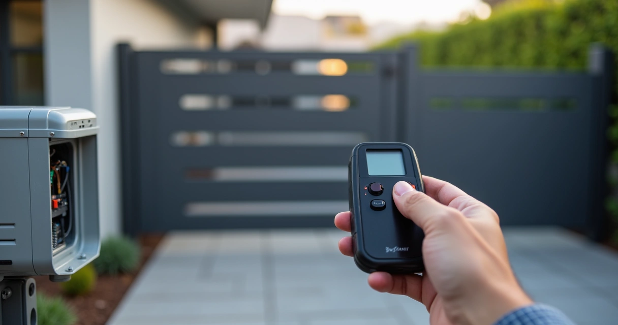 Instalador segurando controle para portão automático perto do motor do portão 