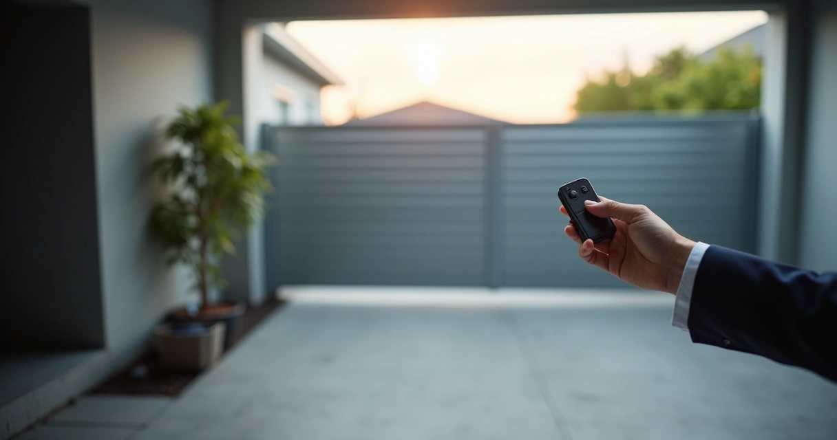 Pessoa apontando controle para portão eletrônico de garagem 