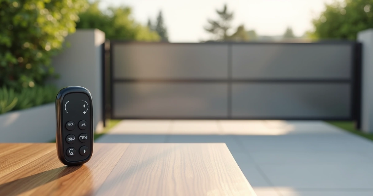 Controle remoto para portão automático PPA sobre mesa com portão eletrônico ao fundo 