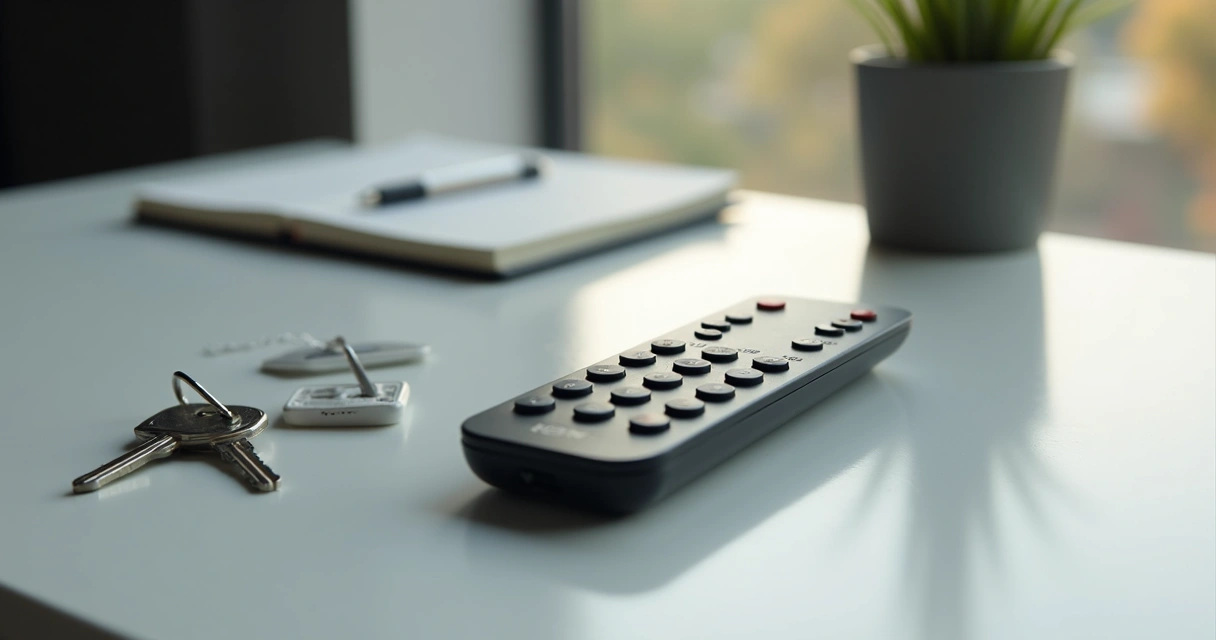 Controle PPA junto a chaveiros e bloco de notas na mesa