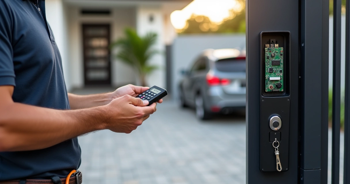 Instalador programando controle remoto PPA em portão automático residencial 
