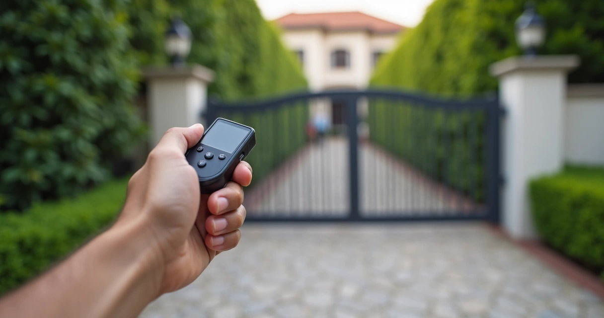 Pessoa segurando controle remoto de portão automático 