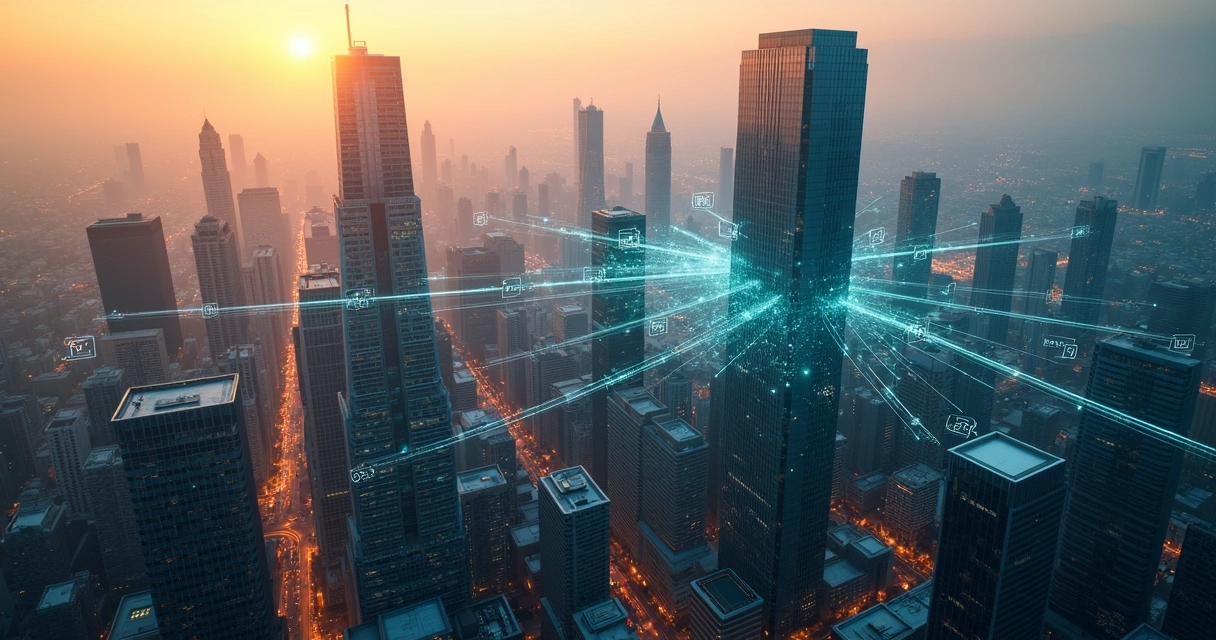 Vista aérea de cidade com prédios comerciais interligados por gráficos digitais 
