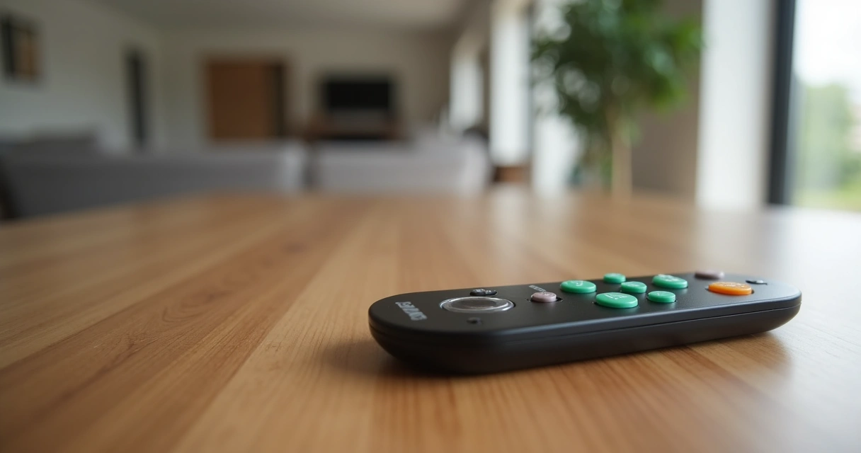 Controle remoto de portão PPA sobre uma mesa, visto de cima.