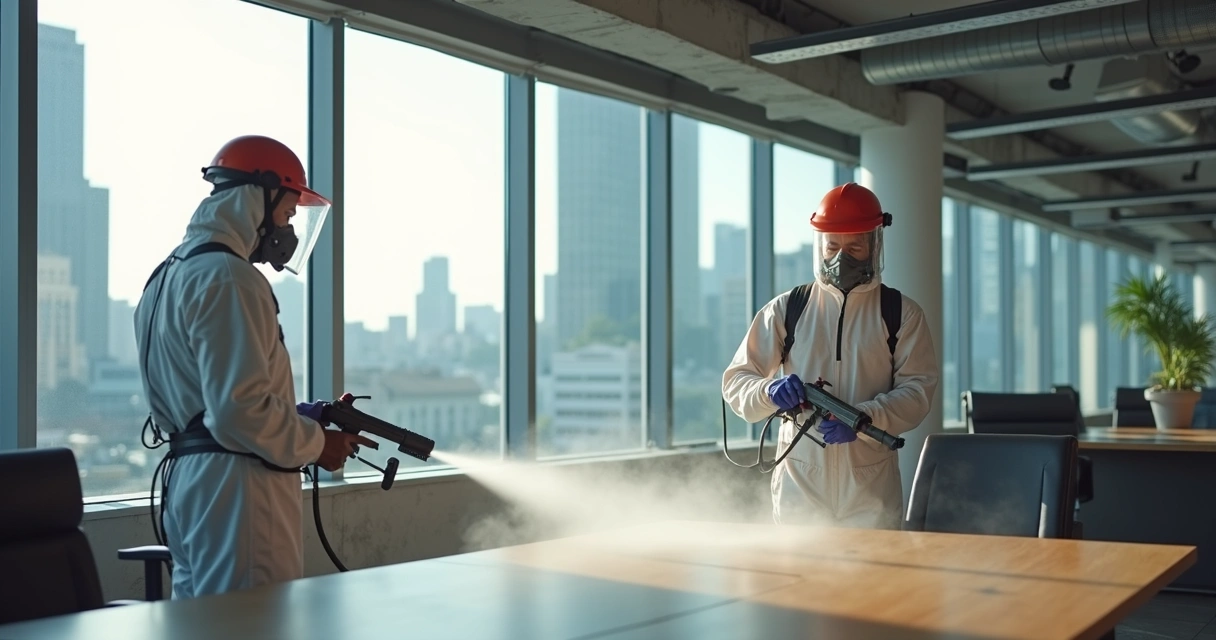 Equipe aplicando dedetização em ambiente corporativo de São Paulo 
