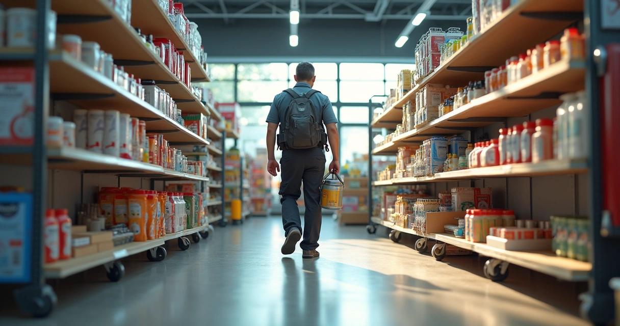 Técnico vistoriando ambiente comercial limpo e organizado