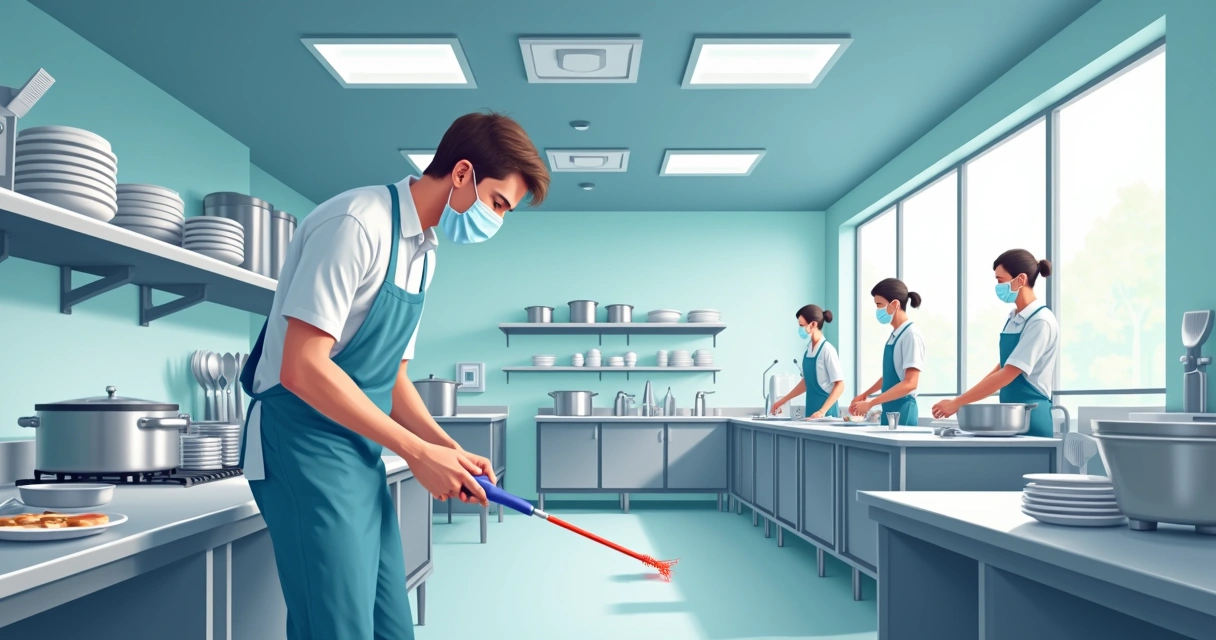 Profissional dedetizando cozinha de hospital 