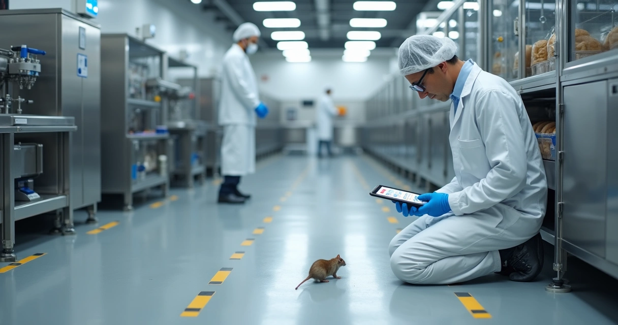 Técnico inspecionando armadilha de pragas em fábrica de alimentos limpa e organizada 