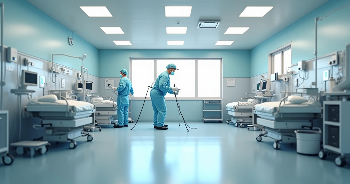 Como o controle de pragas reduz riscos em hospitais veterinários 1 Ambiente de hospital veterinário mostrando áreas separadas para pacientes e profissionais, com equipamentos visíveis, e especialista realizando dedetização, mostrando protocolo de biossegurança