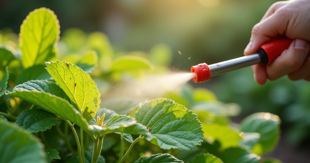 Pessoa aplicando spray em plantas do jardim 