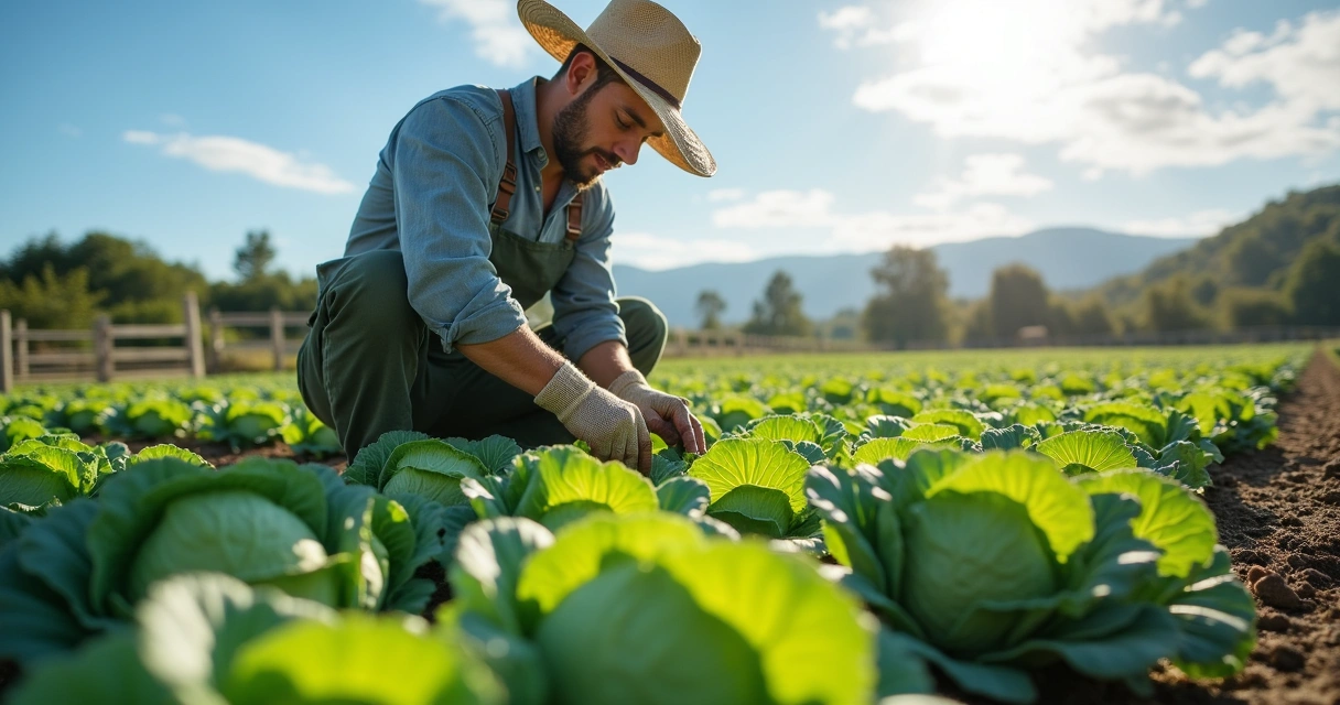 Agricultor aplicando controle de pragas manualmente em plantação orgânica 