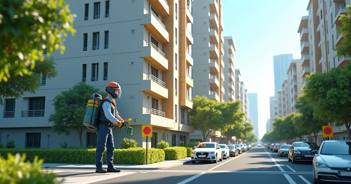 Profissional aplicando dedetização em prédio urbano alto 