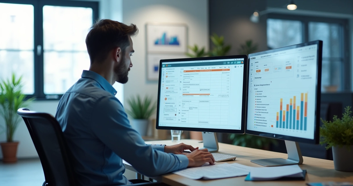 Homem sentado em mesa de escritório consultando calendário digital em tela com prazos de contratos aparecendo em destaque 
