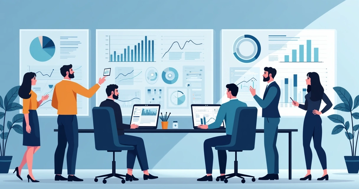 Equipes analisando processos empresariais com tablet e gráficos virtuais