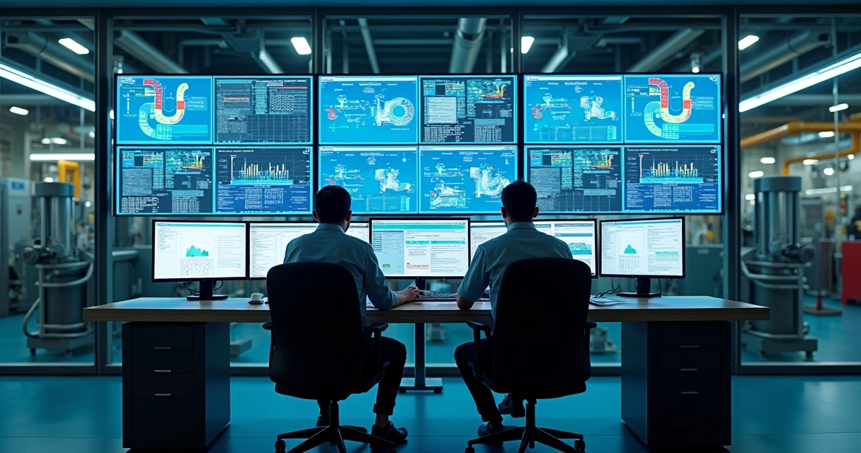 Sala de controle industrial com várias telas exibindo gráficos de produção e operadores analisando dados em tempo real 
