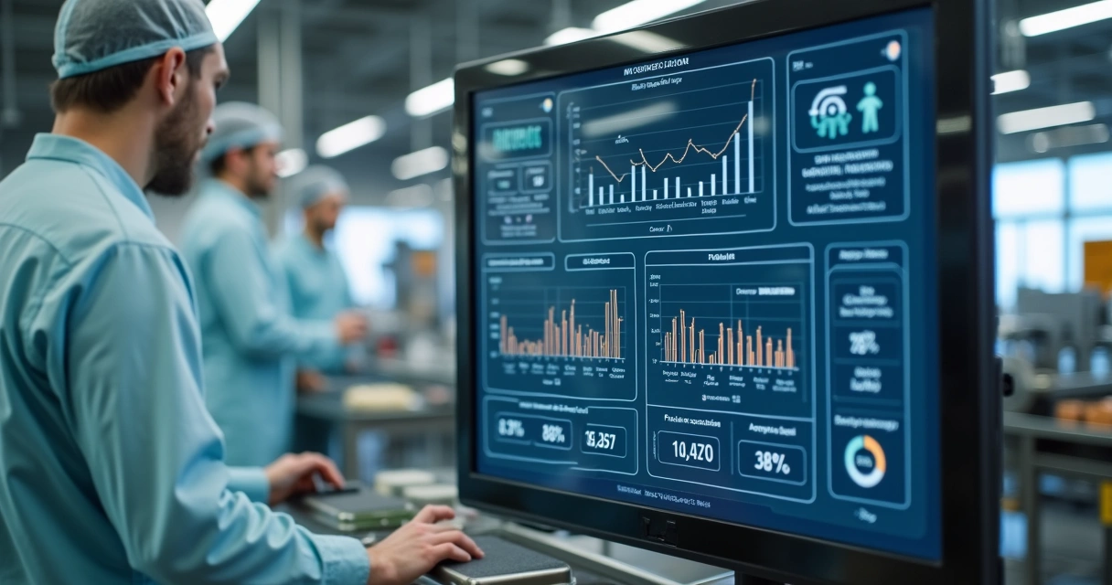 Monitor em fábrica mostrando dashboard de produção e desempenho de funcionários