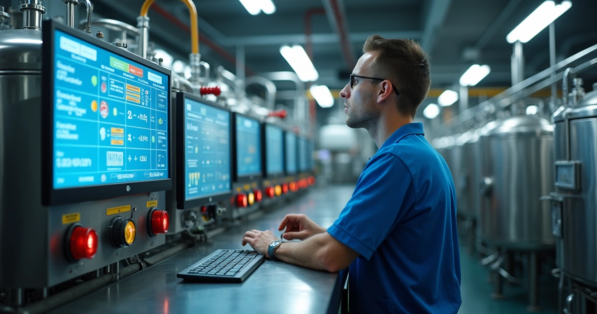 Funcionário monitora controle de produção de bebidas 