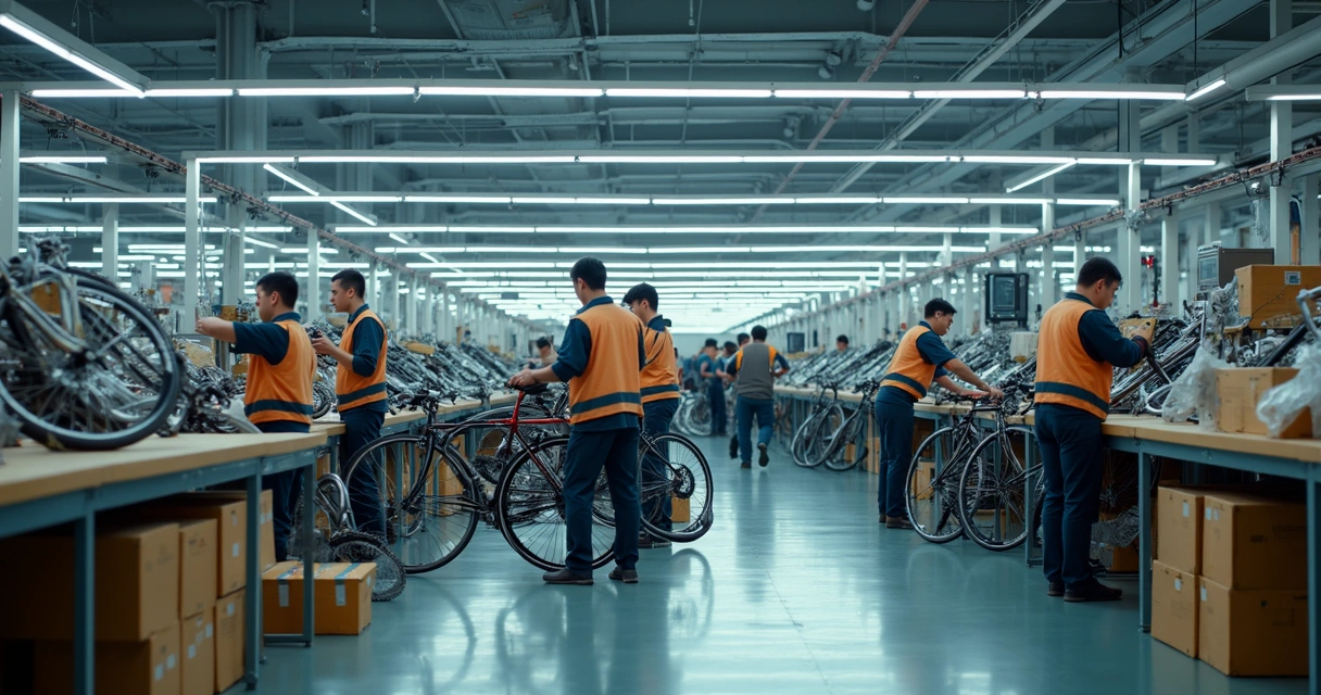 Operários organizando linha de montagem em fábrica 