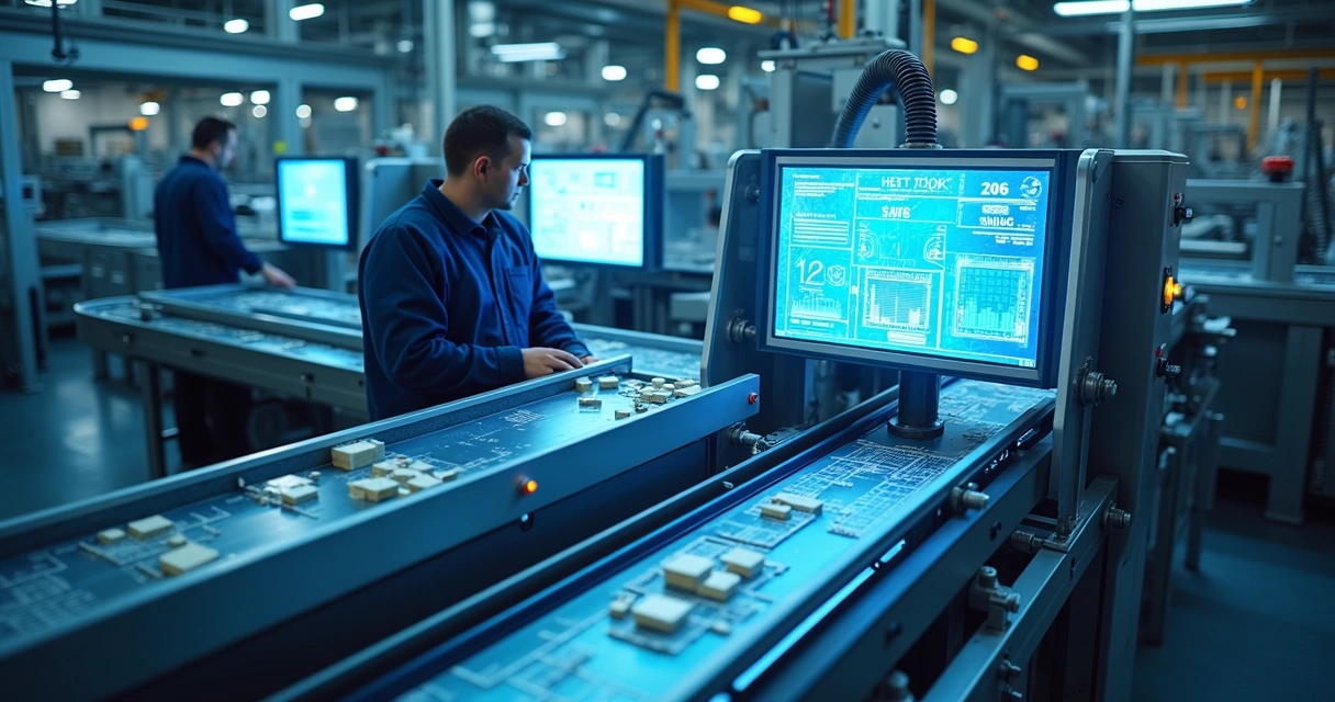 Linha de produção industrial com dados em tela digital