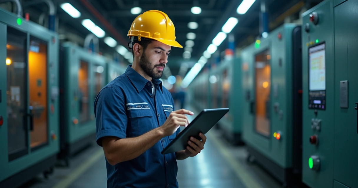 Supervisor industrial conferindo controle de produção em tablet