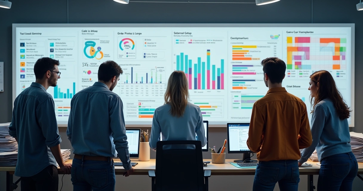 Equipe analisando produção gráfica com computadores, quadros e checklist digital 