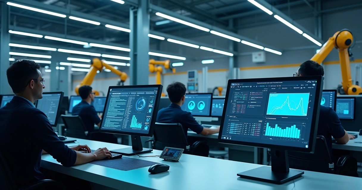 Operadores controlando produção em fábrica 