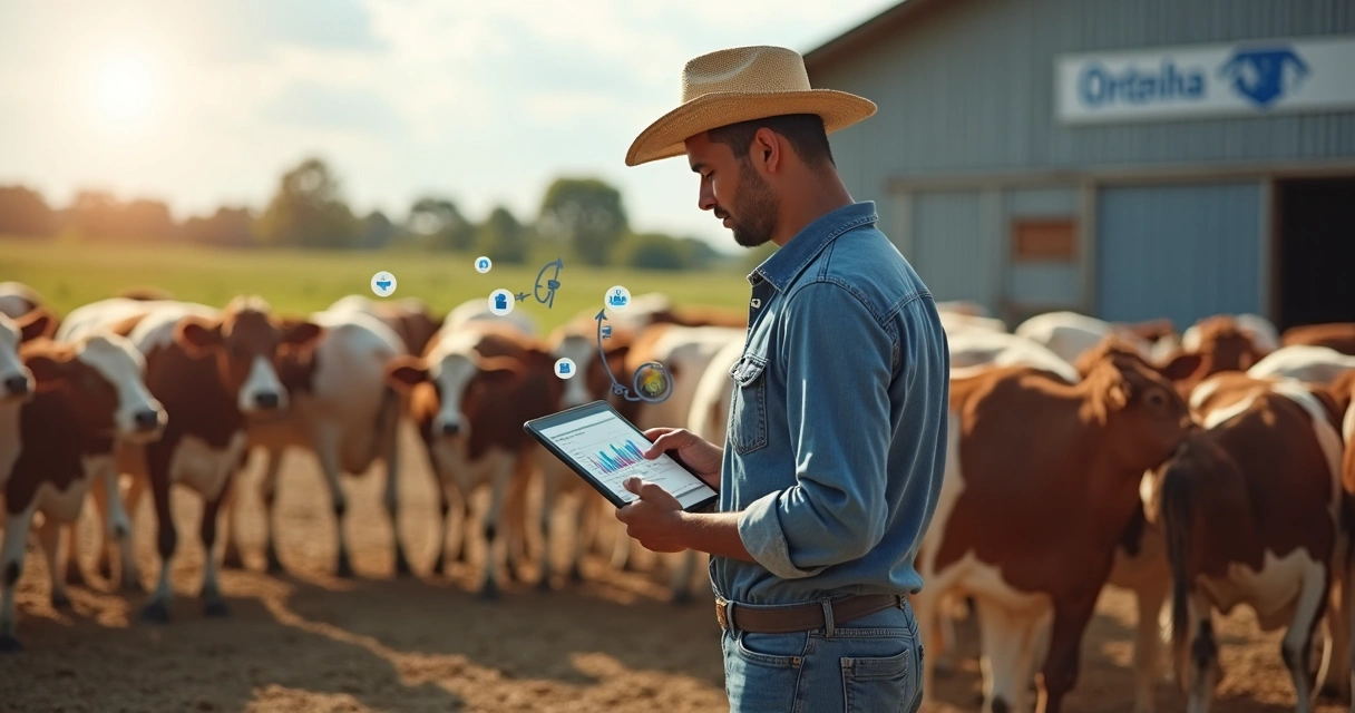 Produtor rural usando aplicativo no curral para visualizar dados de produção de vacas 