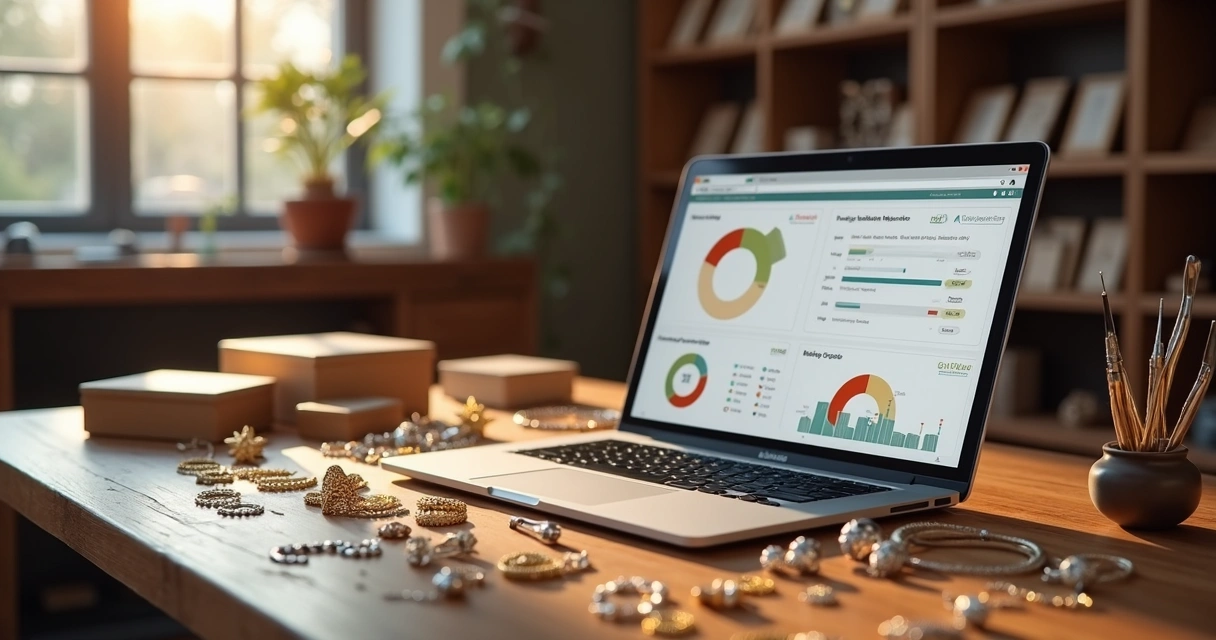 Mesa de trabalho com joias, computador mostrando controle de estoque e vendas, e ferramentas de produção organizadas 