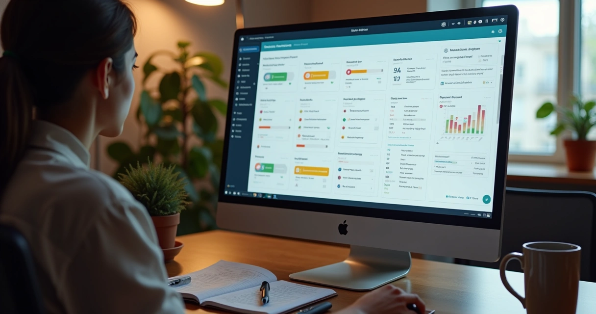 Tela de computador com lista de projetos de clientes e gráficos de acompanhamento 