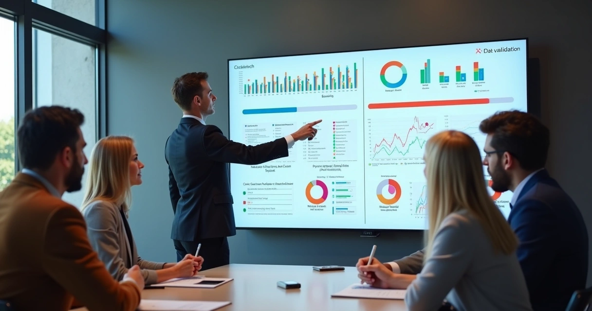 Painel com gráficos e equipe analisando qualidade dos dados 