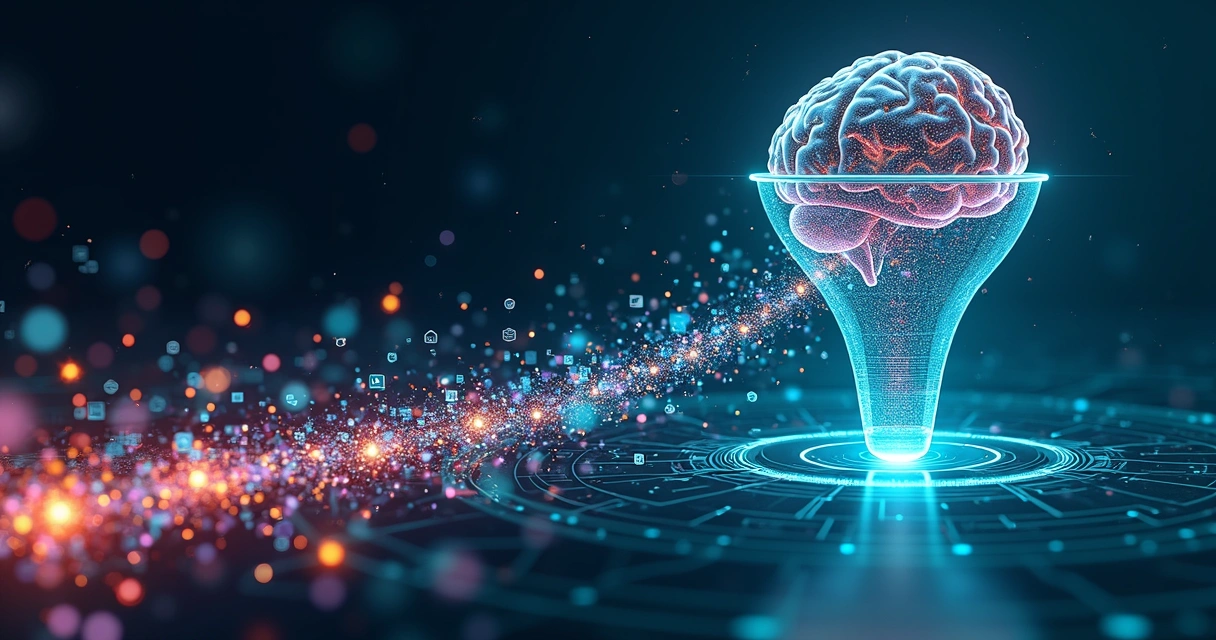 Fluxo de dados passando por funil digital em direção a cérebro artificial brilhante 