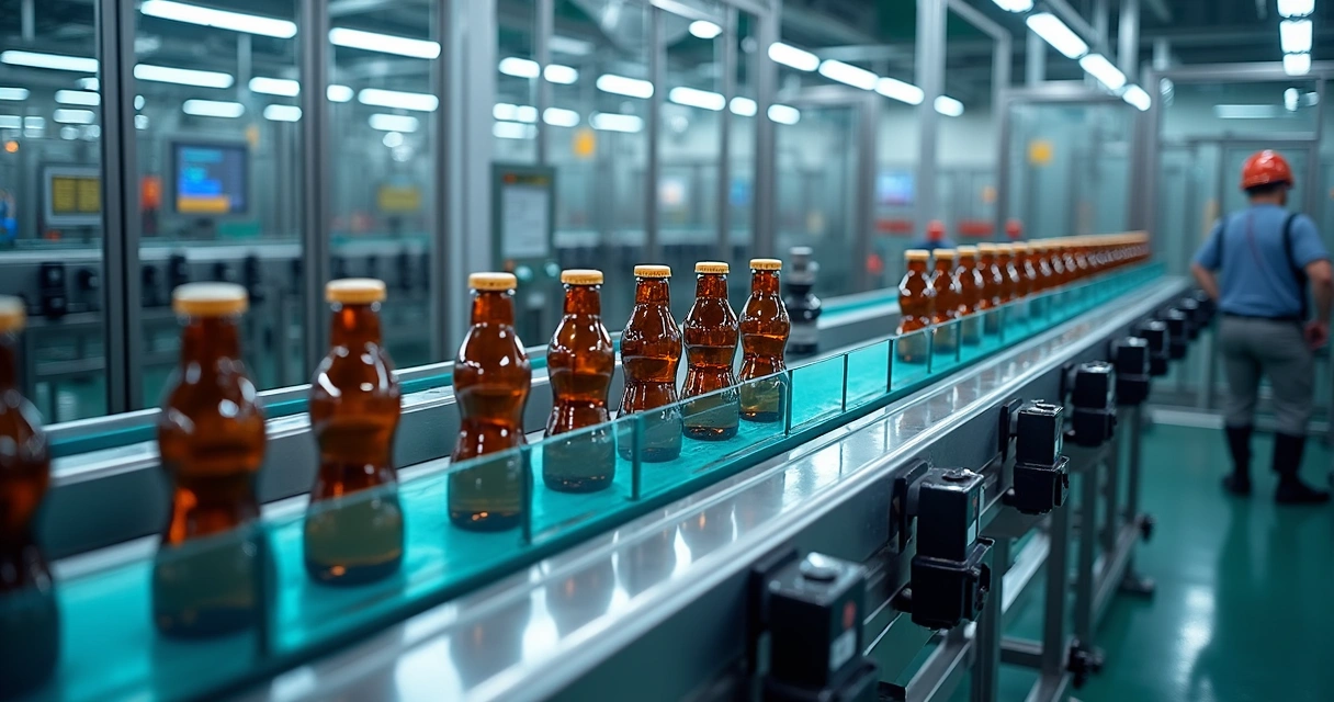 Linha de envase de bebidas com sensores digitais e câmeras inteligentes ao lado de funcionários monitorando telas 
