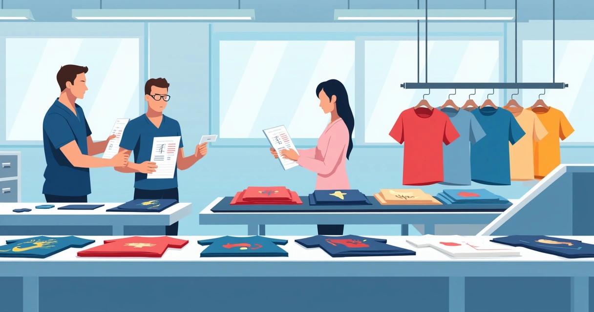 Equipe avaliando qualidade de estampas em camisetas em linha de produção 