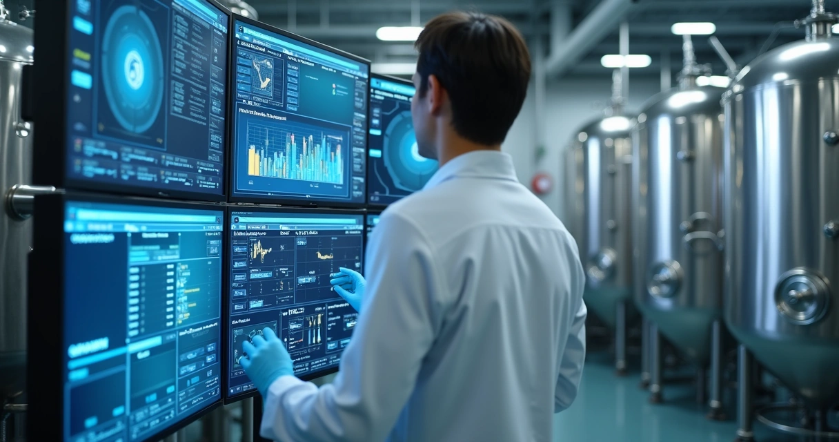 Profissional monitora parâmetros em tela de controle de qualidade farmacêutico 