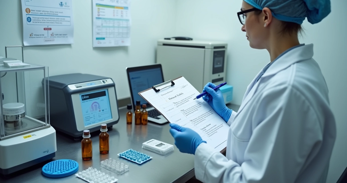 Farmacêutico conferindo checklist de controle de qualidade em laboratório de manipulação 