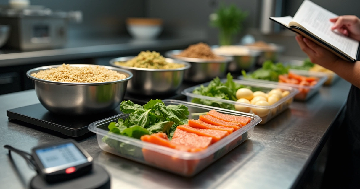 Balança digital e ingredientes saudáveis em bancada de restaurante fit 