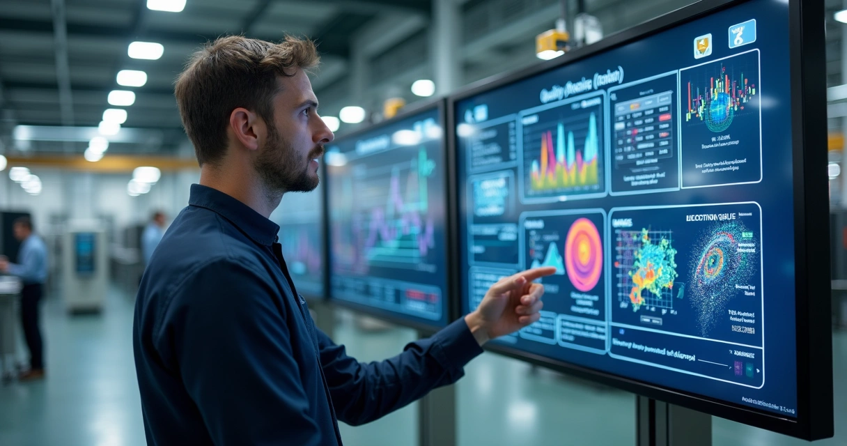 Técnico monitora painel de controle de qualidade por IA em fábrica 