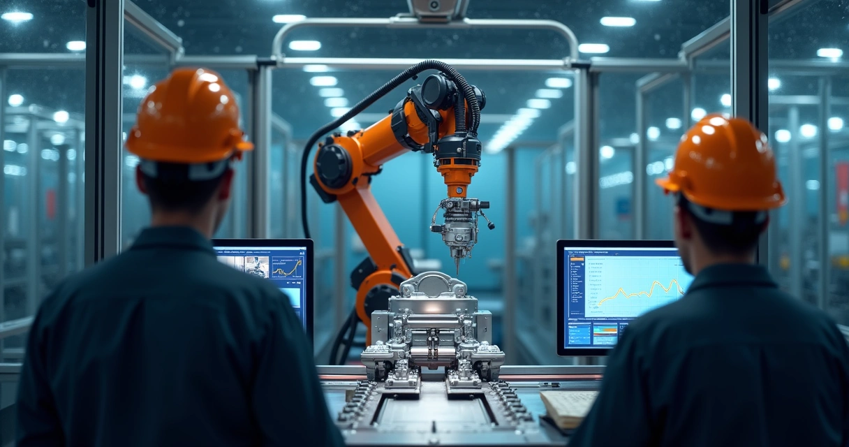 Robô verificando peças em esteira industrial com sensores e câmeras 