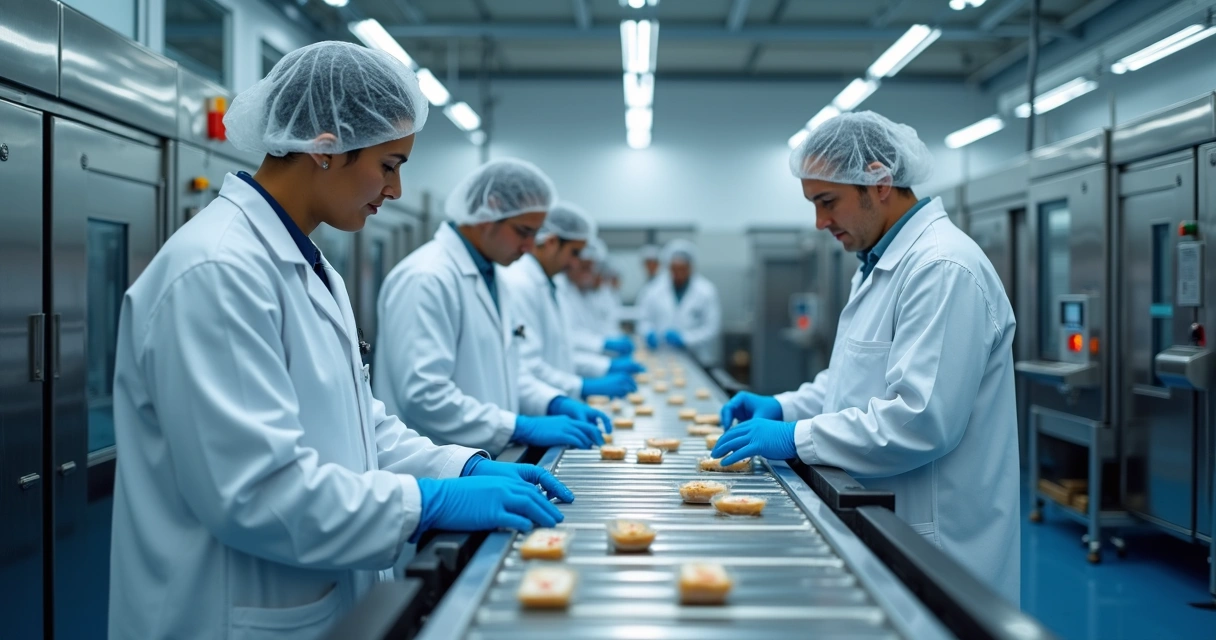 Técnicos analisam linha de produção de alimentos em fábrica. 