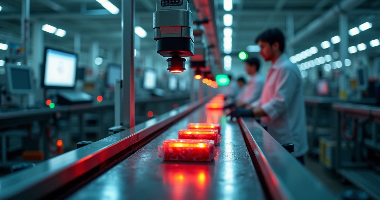 Máquinas de inspeção industrial identificando defeitos em linha de produção 