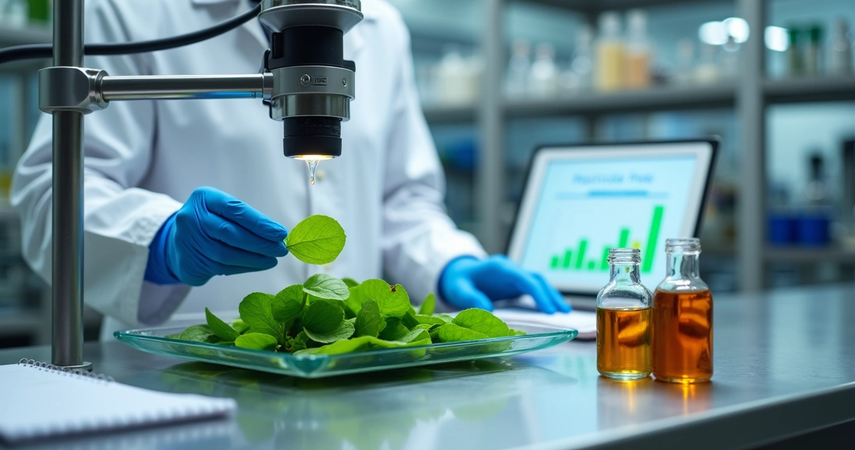 Técnica em laboratório avaliando folhas de moringa em bancada limpa 