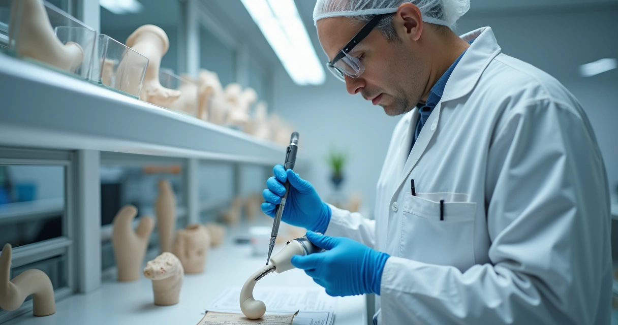 Inspeção de prótese médica por profissional responsável em laboratório 