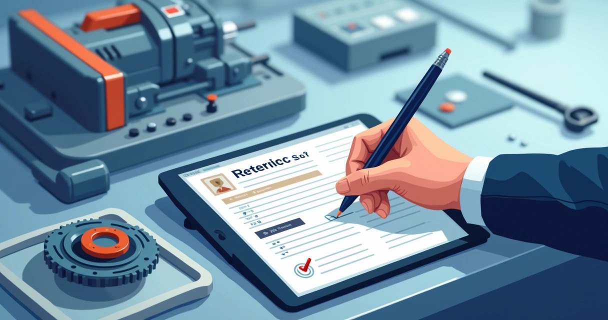 Técnico preenchendo formulário digital de controle de qualidade ao lado de equipamento revisado