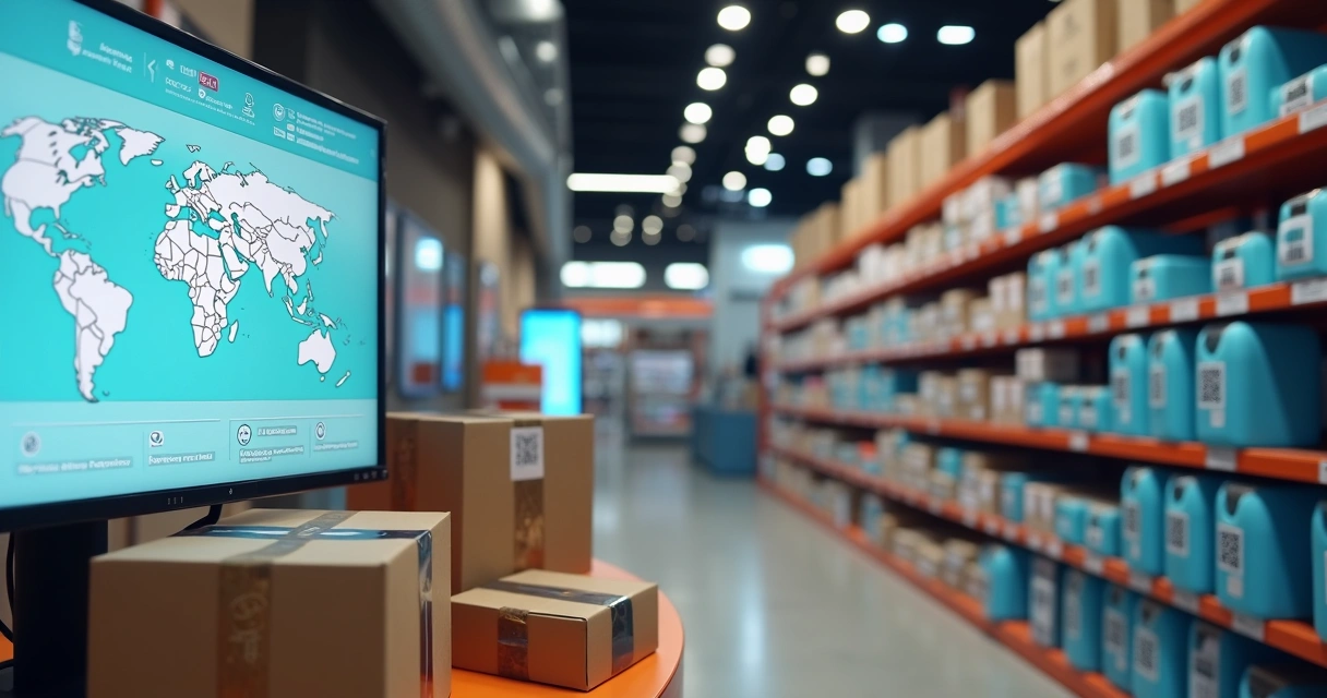 Sistema digital exibindo rastreamento de brindes promocionais em telas e etiquetas com QR Code em caixas e prateleiras de loja 